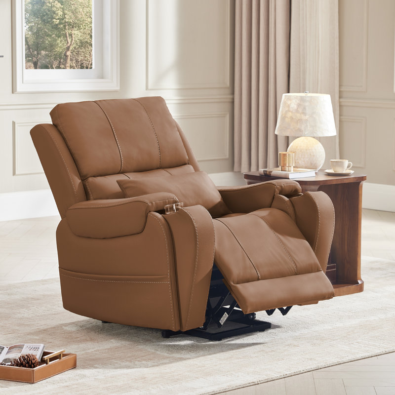 Fauteuil inclinable électrique en cuir véritable avec poche et coussin lombaire, Selle de cuir