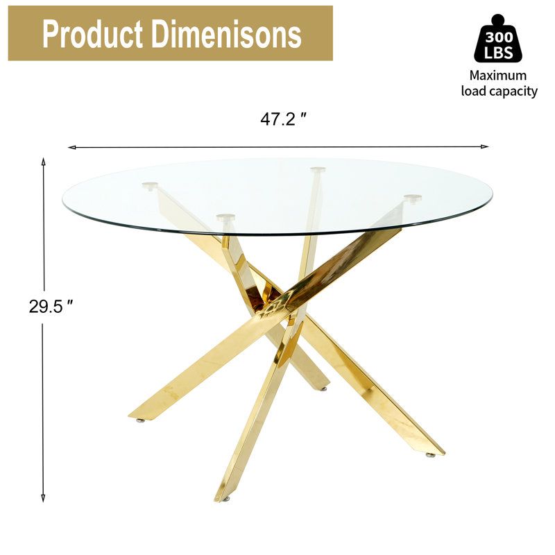 Table de salle à manger ronde en verre pour 4-6, base en métal robuste avec protecteurs de plancher antidérapants réglables - Table de cuisine moderne pour salle à manger, appartement, maison, condo