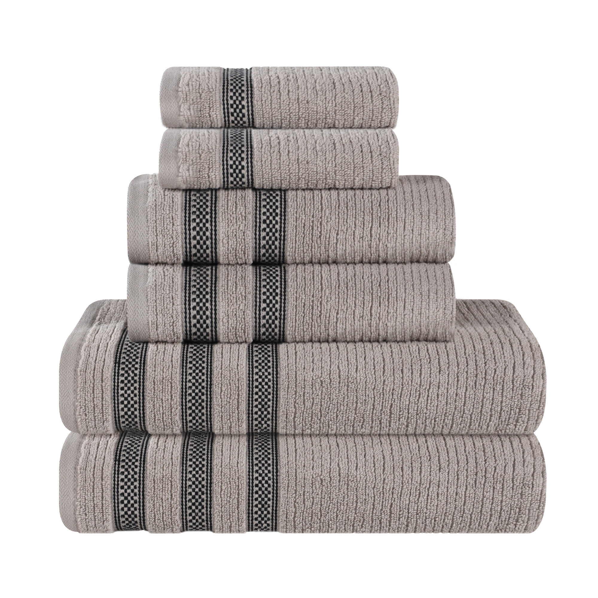 Ilseruth Zero Twist Cotton Ribbed Modern Geometric Border Soft 6 Piece Bathroom Towel Set, Gray