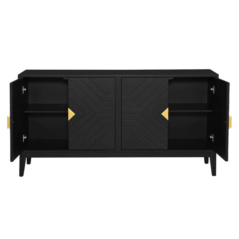 4-Door Sideboard Storage Cabinet For Living Room And Dining Room, Two Large Cabinets With Gold Handles And Adjustable Shelf, Black