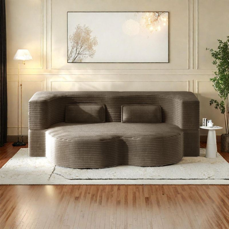 Convertible Floor Sofa Bed with 2 Pillows, Corduroy Fabric, Foam-Filled, No Assembly Required, Brown