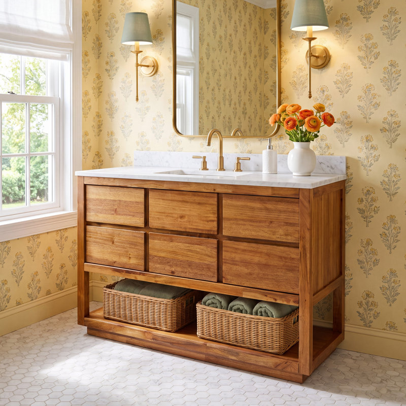 Tessa 48 In. Mango Wood Carrara White Marble Countertop Bath Vanity with Satin Gold Faucet