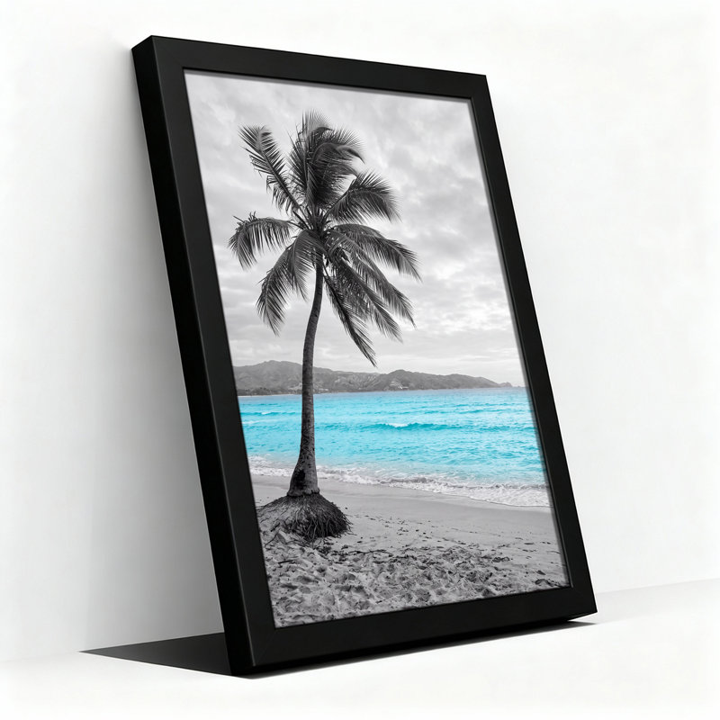 Art mural sur toile de palmier noir et blanc sur sable avec océan turquoise, H 18 po x l 12 po