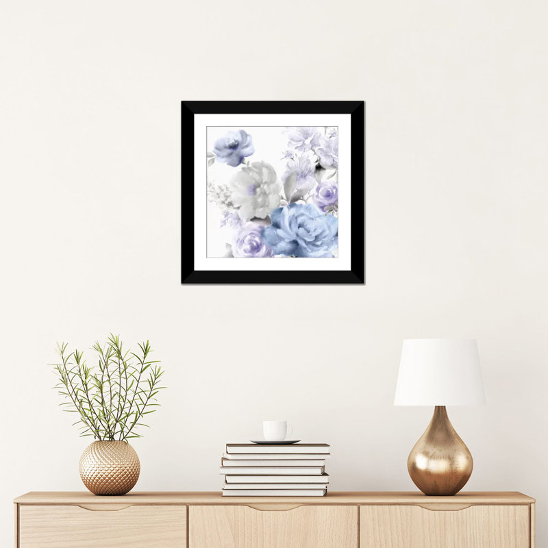 «Floral II», impression sur toile, H 16 po x l 16 po x P 1 po, Papier d'art encadré noir, Blanc