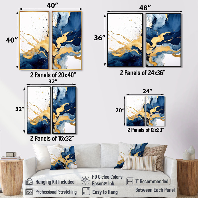 Art mural moderne bleu foncé et or II - 2 panneaux, 40" H x 40" W, Impression encadrée flottante, Cream