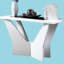 Table blanche 1 pièce de conception contemporaine avec verre trempé ultrabrillant et base géométrique, pièce unique mémorable