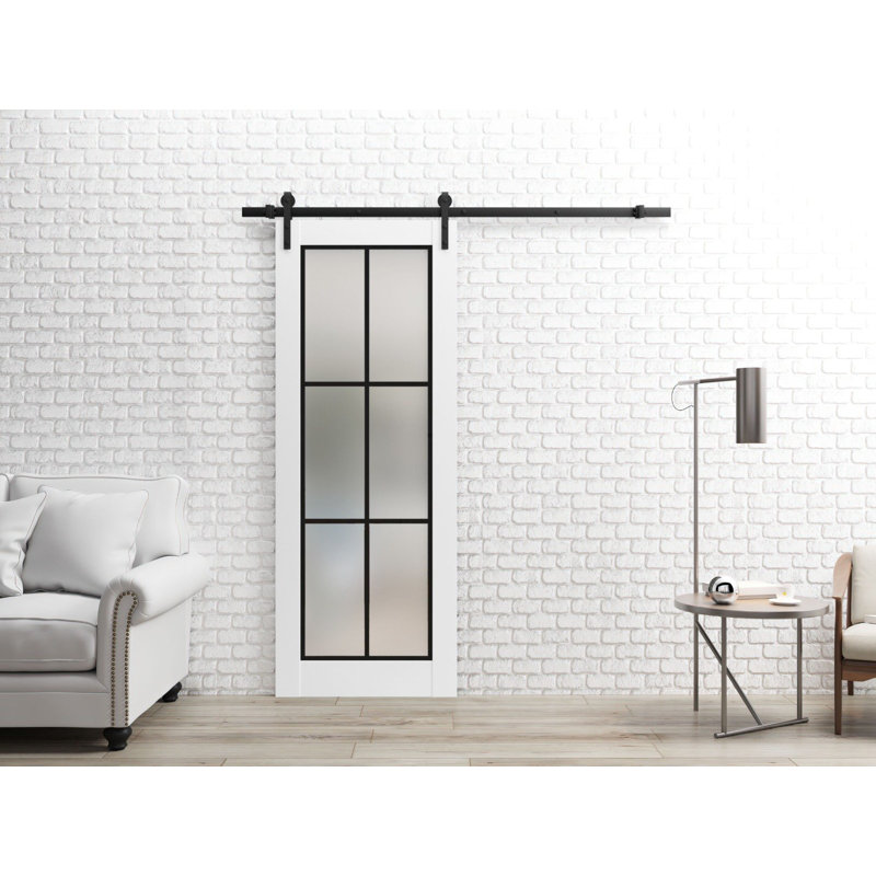 Porte de grange robuste en verre trempé dépoli Planum 2122 Blanc Soie 2 m (6,6 pi) avec rails noirs et quincaillerie renforcée. Porte intérieure moderne à panneaux pleins - 76 cm x 203 cm (30 po x 80 po) - Verre dépoli - Rail noir