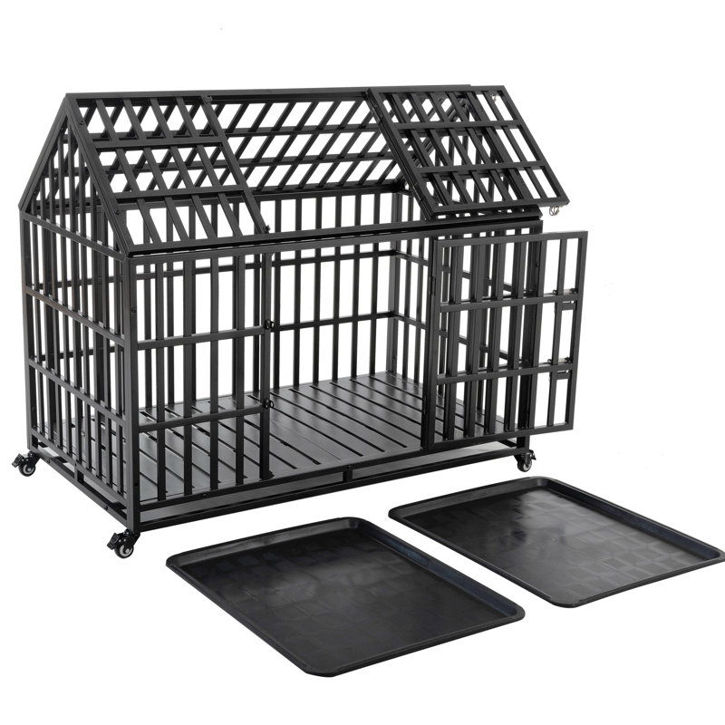Chenil de 52 po en métal robuste pour grands chiens - Roues verrouillables, surface antirouille, 2 casseroles en plastique amovibles, portes avant et de toit, instructions d'assemblage faciles, cage robuste avec revêtement, amovible