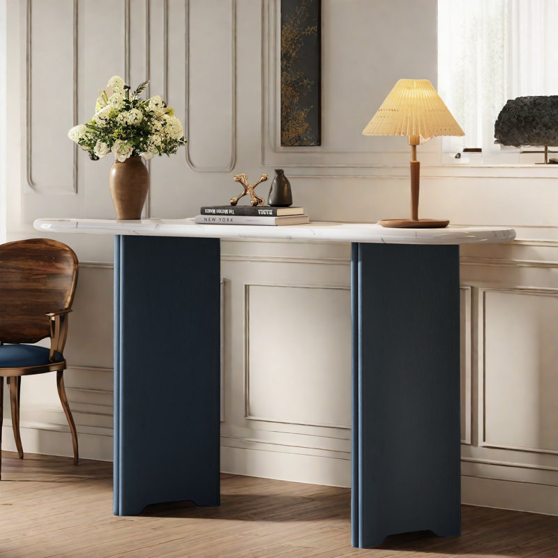 Narrow Console Table With Oval Marble Top, Curved Legs And Triangular-designed Base, Navy
