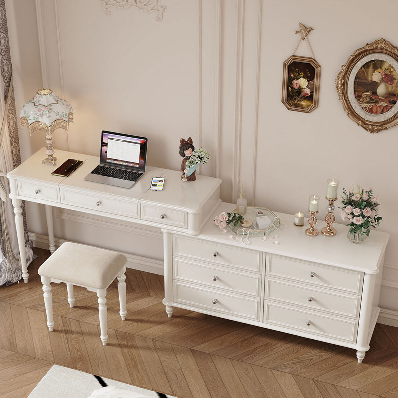 106.3"Cream style L-shaped dressing table with a vanity mirror