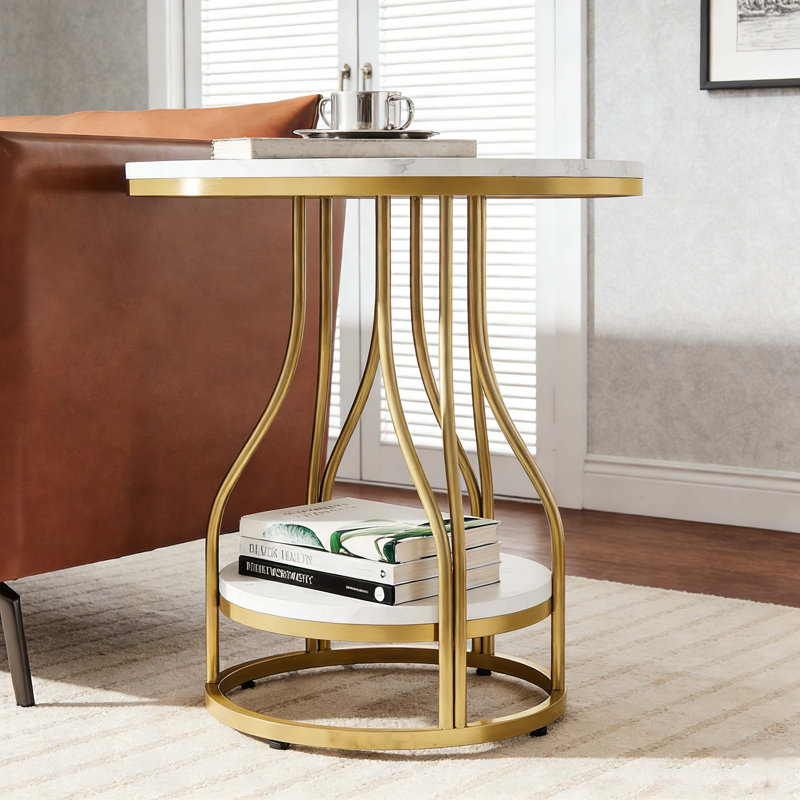 Table d'appoint ronde à 2 niveaux avec structure en métal, Gold & White
