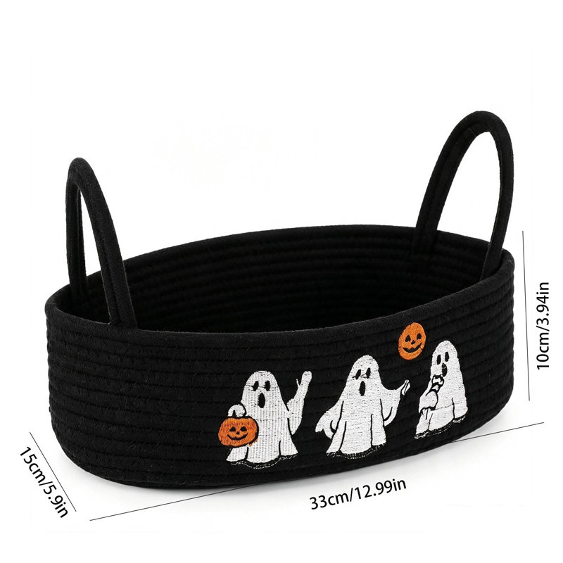 Décoration d'Halloween : Panier de rangement en corde de coton noire tressée avec broderie citrouille fantôme et poignées, idéal pour la salle de bain ou la table.