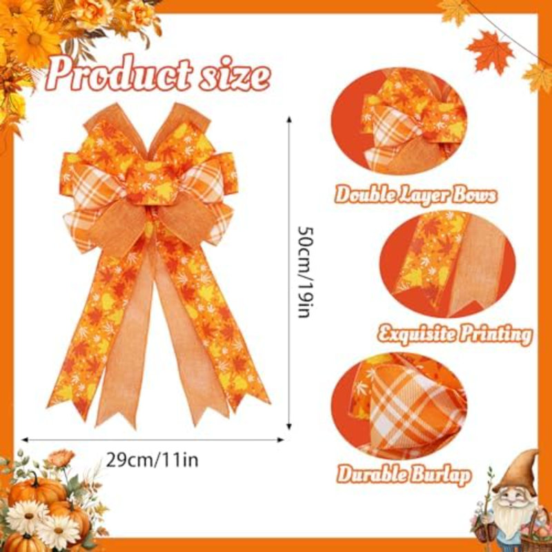 Grands nœuds d'automne pour couronne 20x11 pouces, paquet de 2 rubans pré-noués avec fil de fer pour l'Action de grâce, noeud décoratif pour sapin d'automne, décorations de récolte intérieures et extérieures pour porte d'entrée (orange, érable)