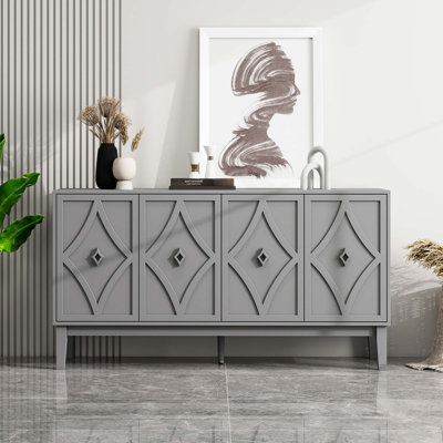 Vintage 4-Door Storage Cabinet with Hand-Carved Geometric Design and Adjustable Shelves