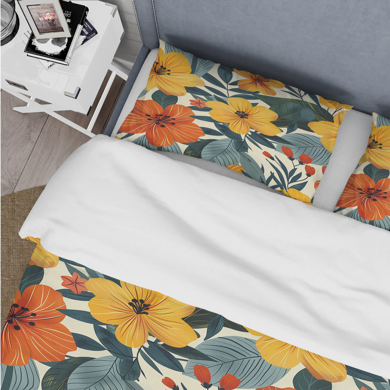 Ensemble de housse de couette jaune orange Midcentury Flower Gardens I - Midcentury Flowers