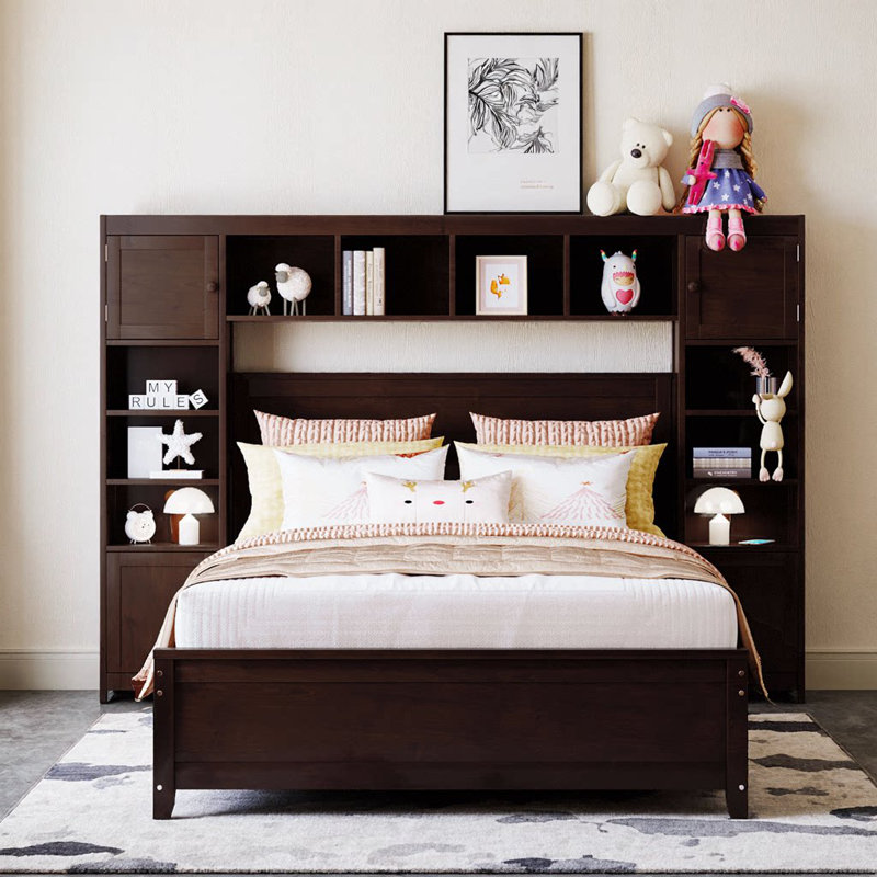 Lit double en bois avec rangement et armoire tout-en-un, Lit double, Espresso