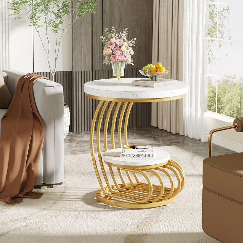 Gold and White Faux Marble Round End Table with Storage Shelf