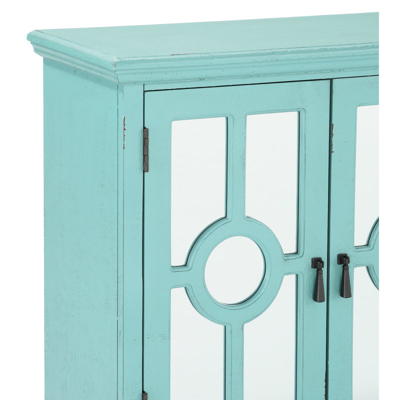 Commode d'appoint de style antique avec portes en verre et en bois, Turquoise