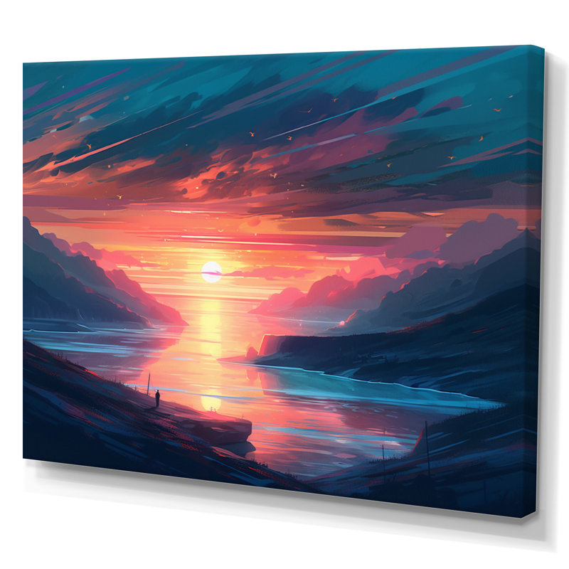 Superbe coucher de soleil sur le lac et les montagnes I sur toile, H 12 po x l 20 po x P 1 po