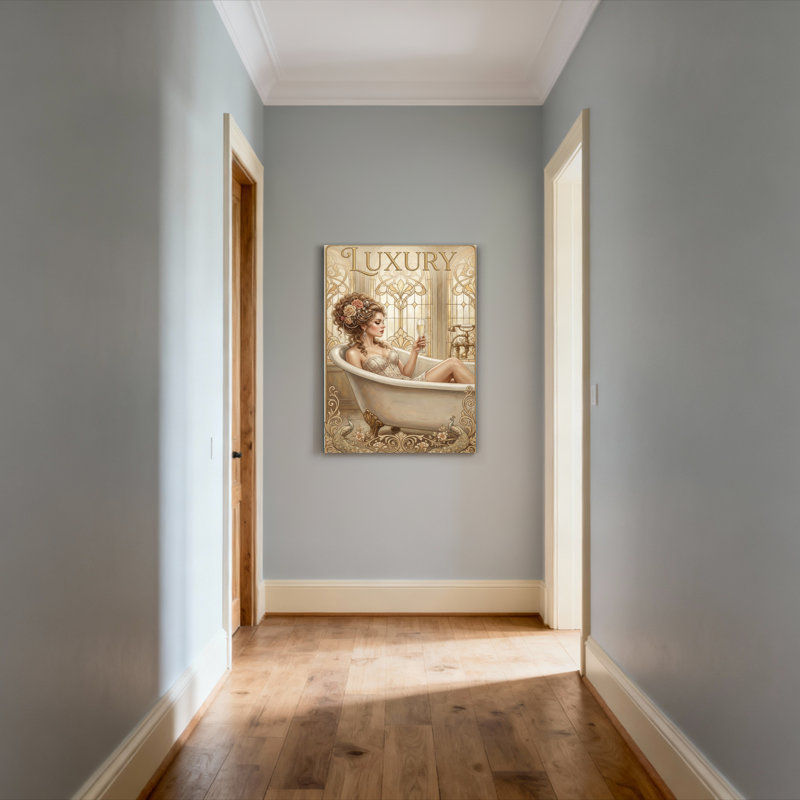 Ensemble de 1 tableau sur toile représentant une femme au bain de luxe avec du champagne, H 36 po x l 24 po