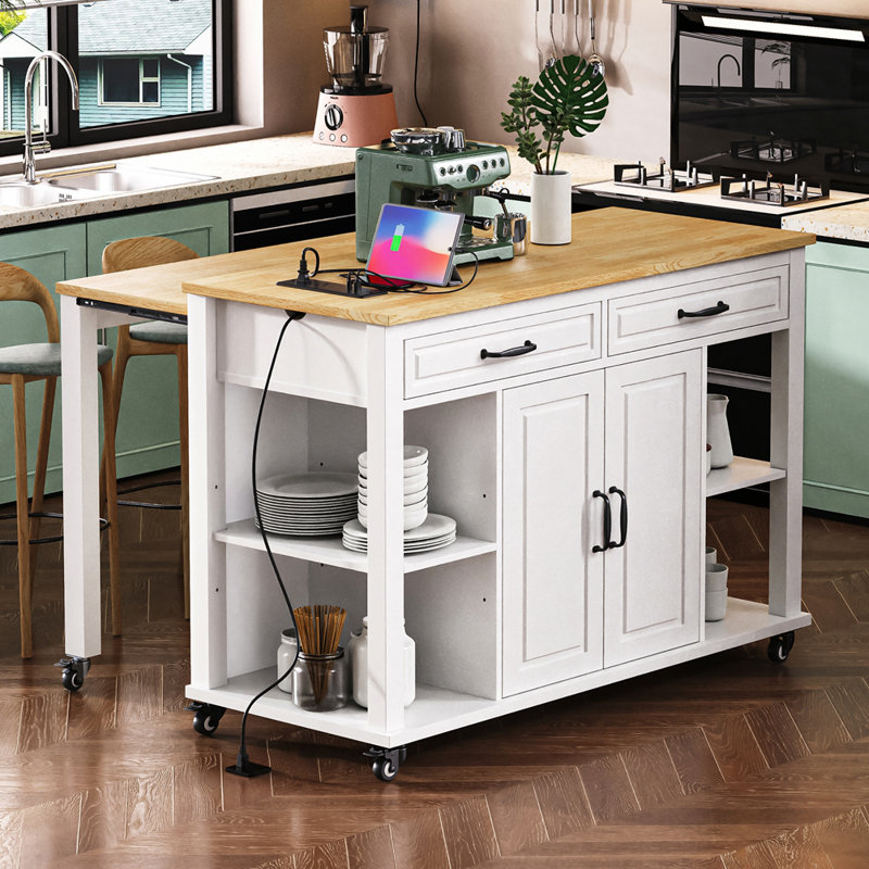 Îlot de cuisine 47 po avec table de salle à manger extensible, White