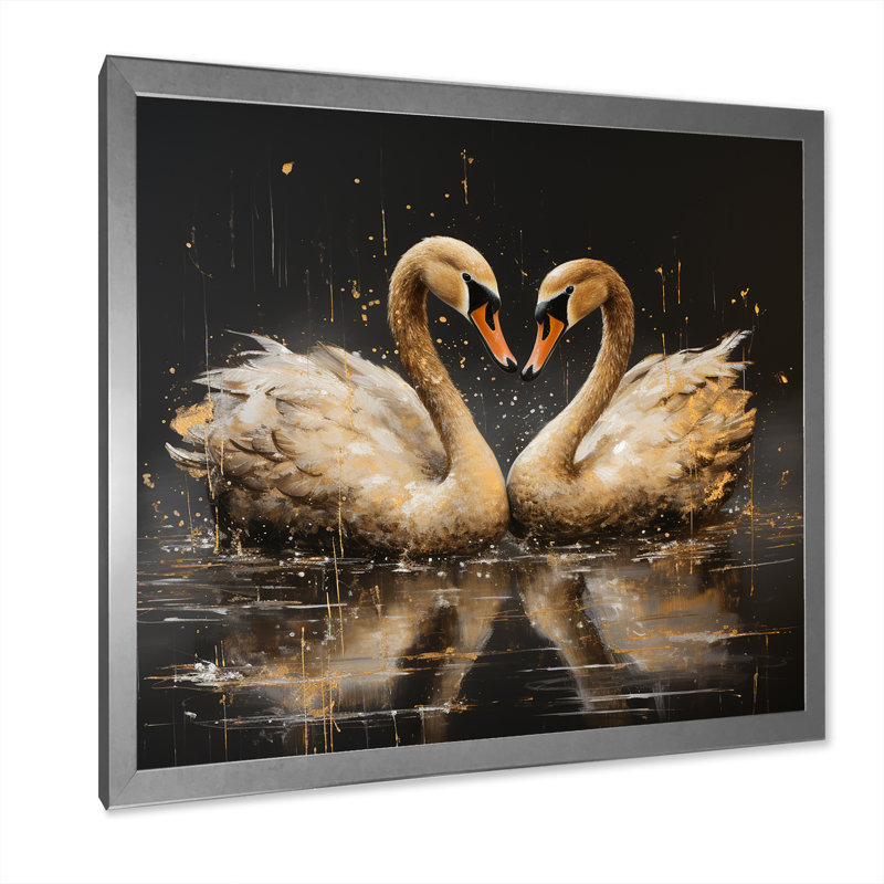 Golden Swans Wandering Pond 3 - cygne, art mural animal, Argent, H 30 po x l 30 po
