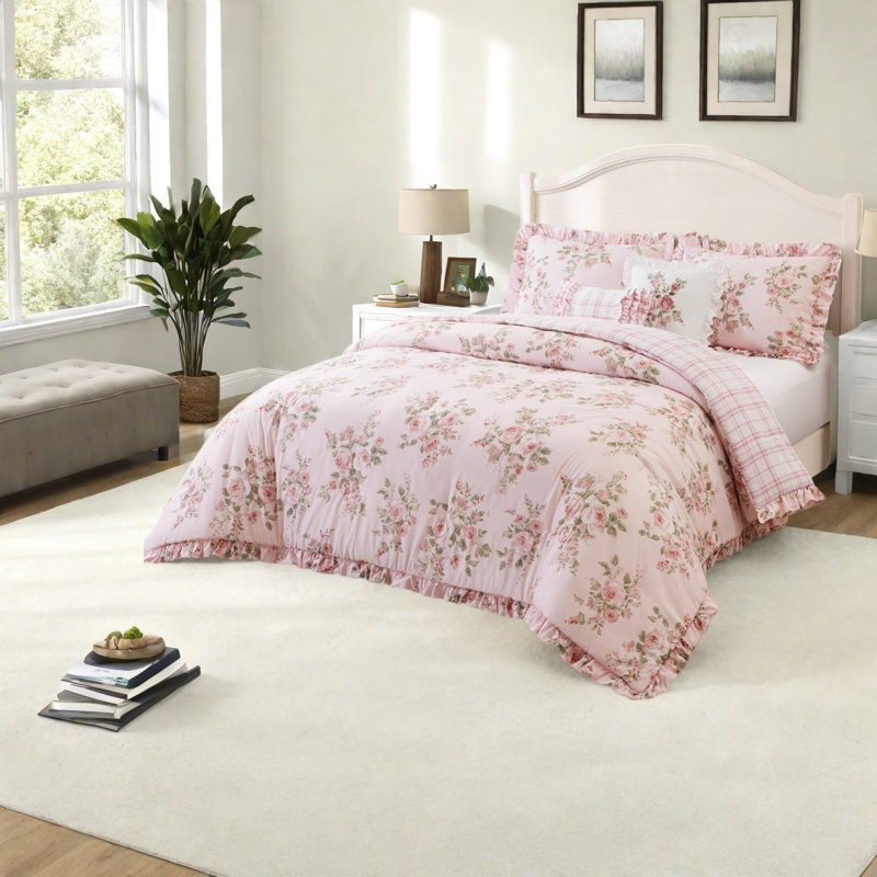 Ensemble de literie pour grand lit rose, ensemble de volants en microfibre pour la maison