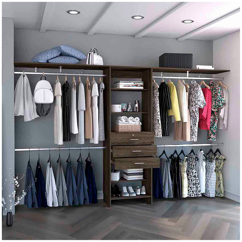 Système d'organisation modulaire pour garde-robe avec tringles de suspension, Noyer, H 73,8 po x l 118,1 po x P 16,3 po