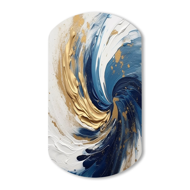 Bleu foncé et spirale dorée IV - spirale abstraite, décoration murale asymétrique en métal, cylindre bleu, reproduction d'art