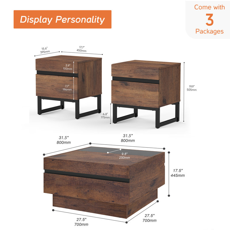 3 Pieces Living Room Table Set, Modern Coffee Table With Tempered Glass Top, Modern End Table With 2 Drawers & Black Square Iron Leg For Living Room
