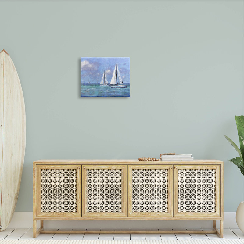 Voiliers dérivant un ciel bleu vif par Nina Blue - peinture sur toile tendue, H 16 po x l 20 po x P 1,5 po