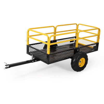 1500 Lb Capacity Steel Dump Cart With 20 Cu Ft Utility Trailer And Removable Sides, Yellow Fence Panels And Yellow Wheel Hubs, All-Terrain Tires For Garden And Tractor Towing