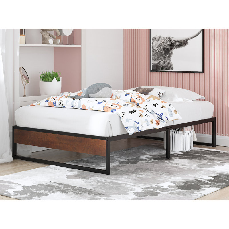 17 Stories Twin Size Platform Bed Frame, 14 Inch Metal Bed Frame For Storage, Mattress Foundation With Rustic Wood, No Box Spring Needed, Easy Assembly, Wood Slats