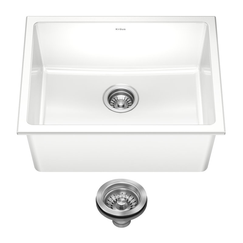 KRAUS Turino™ Drop-In Undermount Fireclay Single Bowl Kitchen Sink with Thick Mounting Deck in Gloss White, 24"