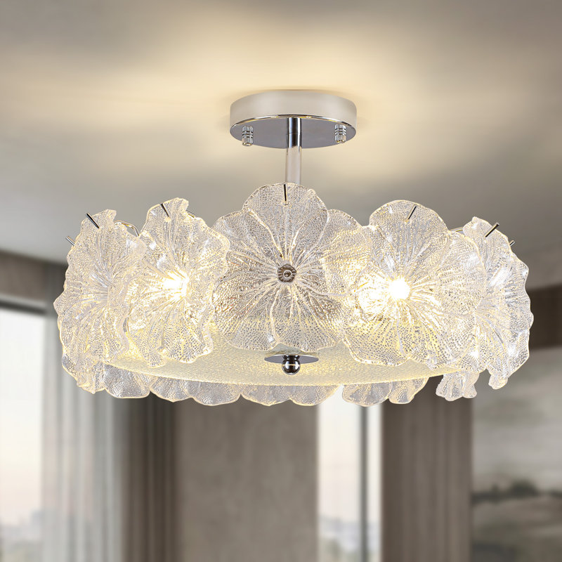 Plafonnier encastré en verre à 5 lumières (40 cm) avec diffuseur en verre en forme de trompette et intensité variable, idéal pour une chambre, un salon ou un couloir.