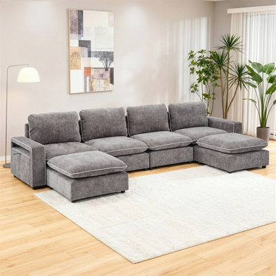 6-Piece U-Shaped Gray Chenille Modular Sectional With Storage Arm