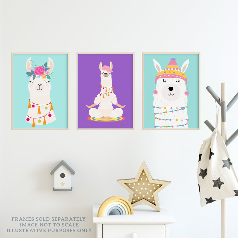 Kids Bedroom Cute Happy Llama Yoga Meditation Purple Blue - 3 Piece No Frame Print Set, 29.7cm H x 21cm W x 0.4cm D