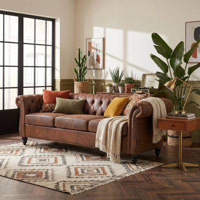 84.65" Rolled Arm Chesterfield Sofa, 3-Seater Bronzing Suede Couch with Deep Button Tufting, Classic Living Room Sofa with Sturdy Frame, Waterproof & Stain-Resistant