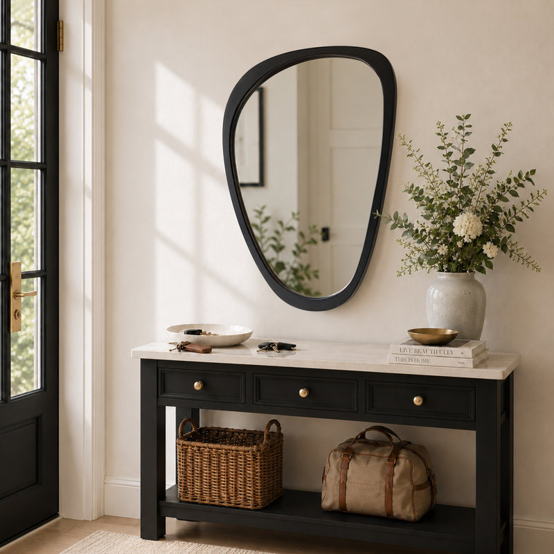 Solid Wood Irregular Wall Mirror Accent Mirror for Entryway Bedroom, 30" x 20", Matte Black