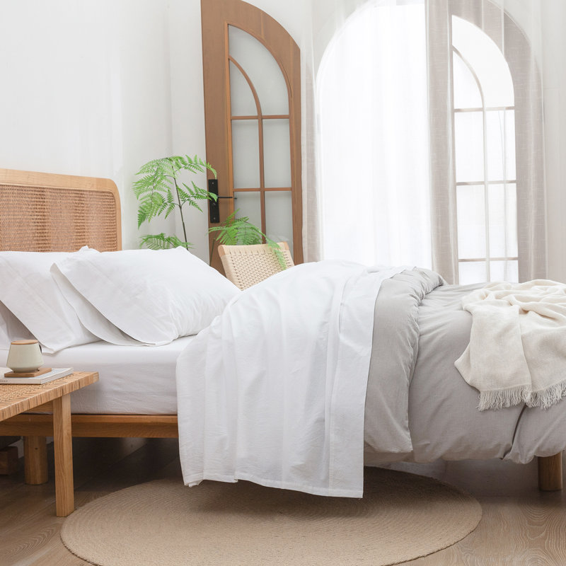 BESTOUCH Sheet Set 100% Washed Cotton Linen Feel Lightweight, Bright White, Twin Sheet Set with 1 Pillowcase