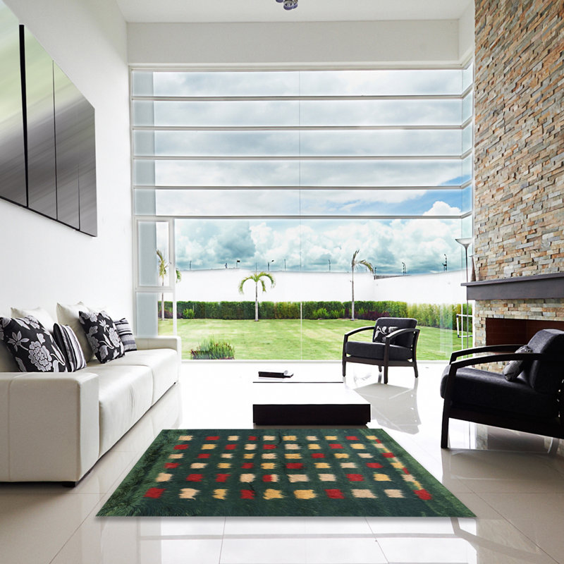 Tapis de zone vert/crème/rouge contemporaine, Carré 8 pi