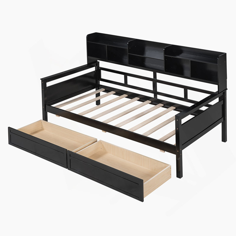 Daybed, Wood Slat Support, with Bedside Shelves and Two Drawers, Twin, Espresso