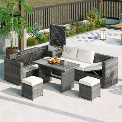 6-Piece Outdoor PE Rattan Sectional Set with Adjustable Seat, Storage Box and Glass Top Table
