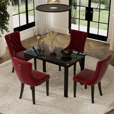 5 Pieces Modern Small Black Glass Rectangle Dining Set with Mid-century High-end Tufted Dining Chair Set for 4