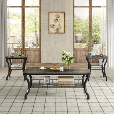 Aliona 3-Piece Coffee Table and End Table Set, Modern Industrial Accent Tables with Storage Shelf, Engineered Wood and Metal Living Room Furniture by Lark Manor
