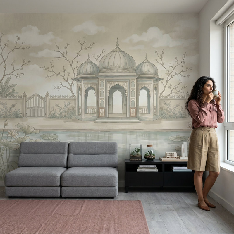 Décoration murale étang de lotus en forme de pavillon de jardin Mughal Pavilion, 120 po x 96 po, Texturé non collé