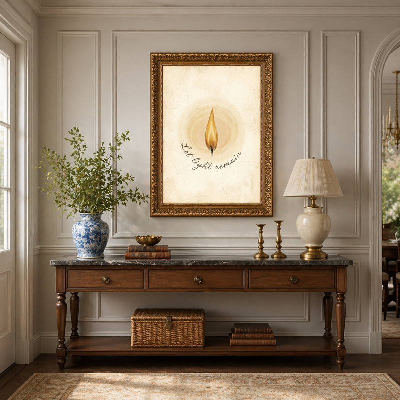 Art mural en toile noyer doré encadré pour salon, chambre à coucher, bureau ou vestibule - décoration murale décorative avec flamme légère