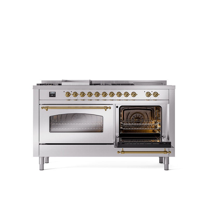 ILVE Nostalgie II 60 Dual Fuel Range, 5 Burners, Griddle, Frenchtop , Natural Gas, Stainless Steel/Brass
