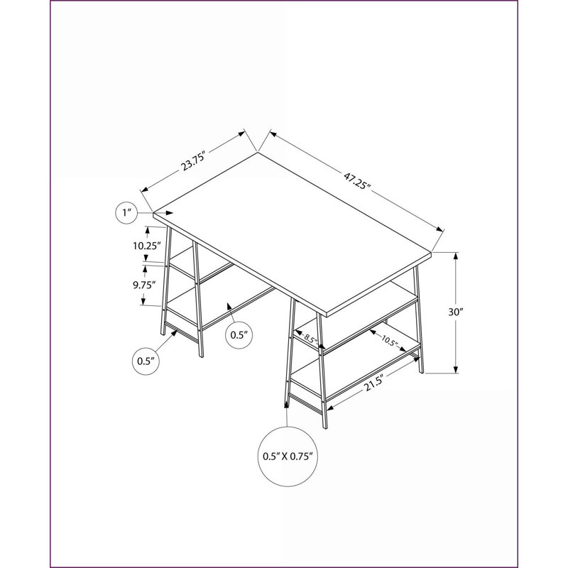 Bureaux, bureau d'ordinateur industriel de 48 po avec tablettes de rangement, stratifié brun Métal noir | Brun | Métal