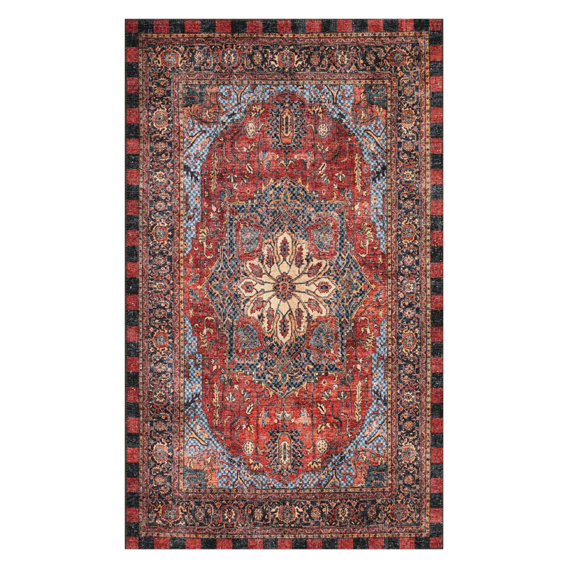 Heriz Checked Red Washable Rug, Rectangle 2' x 3'